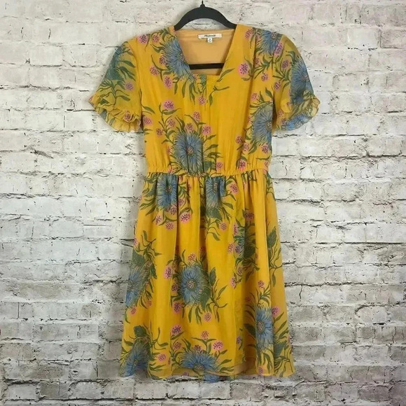 Madewell 00 Sweetgrass Ruffle Sleeve Dress Painted Blooms Yellow Gold Poly J0668 - Picture 2 of 9